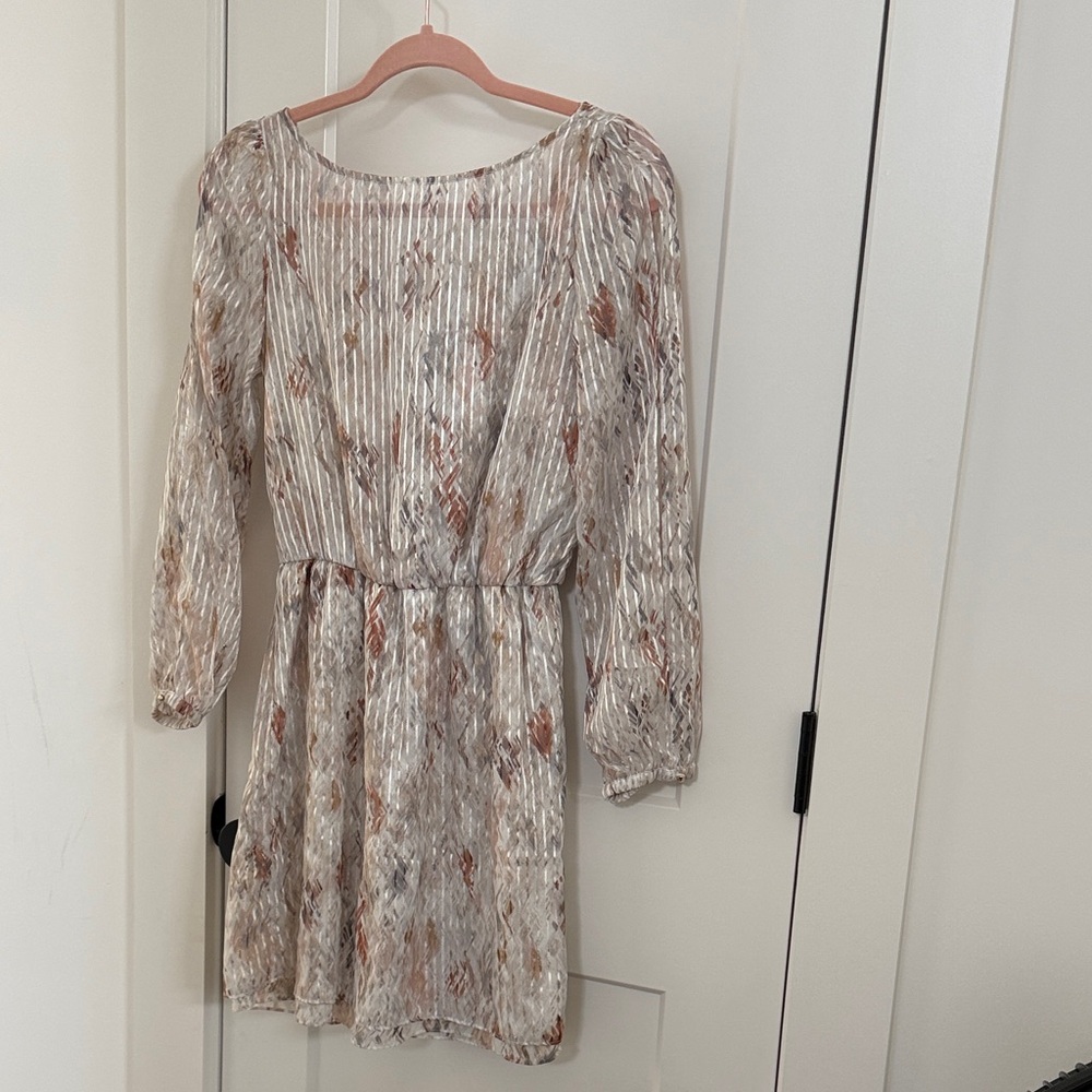 White House Black Market Cream and Brown Long Sleeve Dress